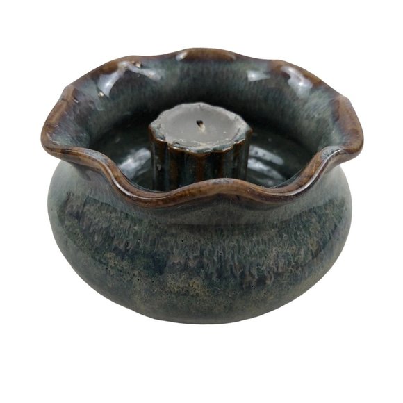 Studio Pottery Single Candlestick Holder Bowl Blue Fluted Edge Hand Signed BAY - Picture 3 of 10